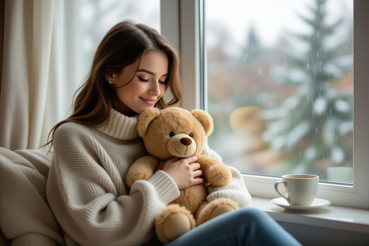 Woman finding comfort with teddy bear during quiet afternoon moment by window