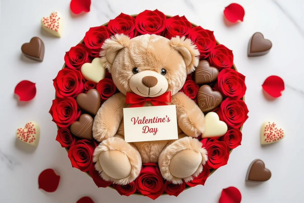 Valentine's Day romantic gift guide featuring teddy bear with preserved roses and chocolates