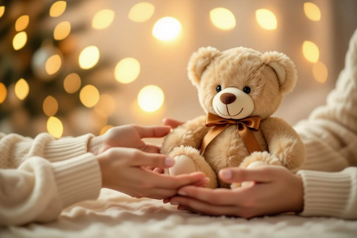 Intimate moment of giving teddy bear as romantic surprise gift between couple's hands