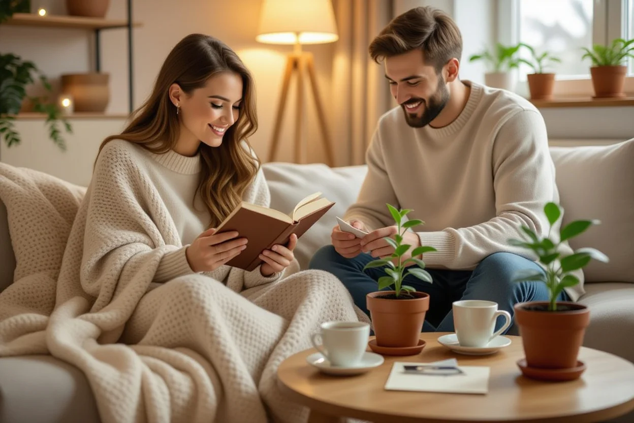 Couple enjoying meaningful everyday gifts together including books, plants, and handwritten notes in cozy home setting