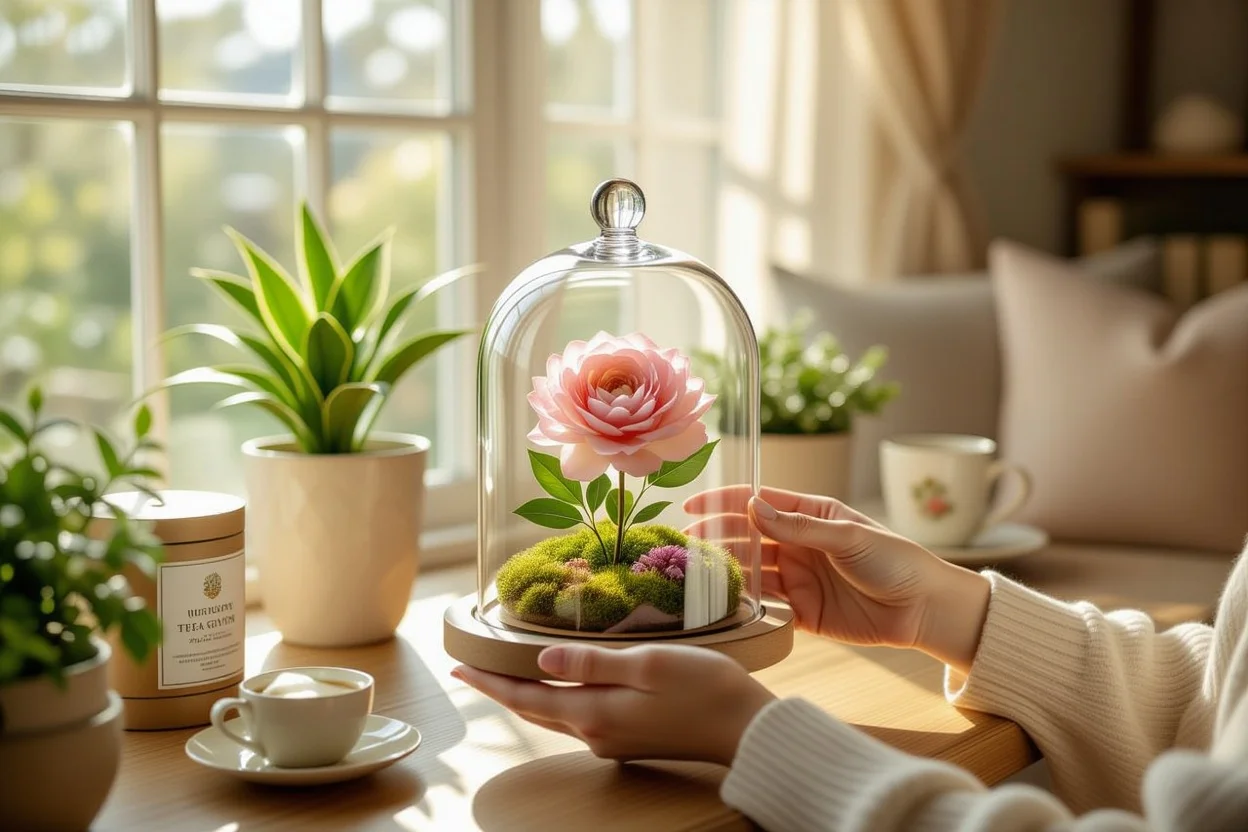 Woman holding preserved flowers with other long-lasting gifts visible including plants and tea subscription in bright natural light