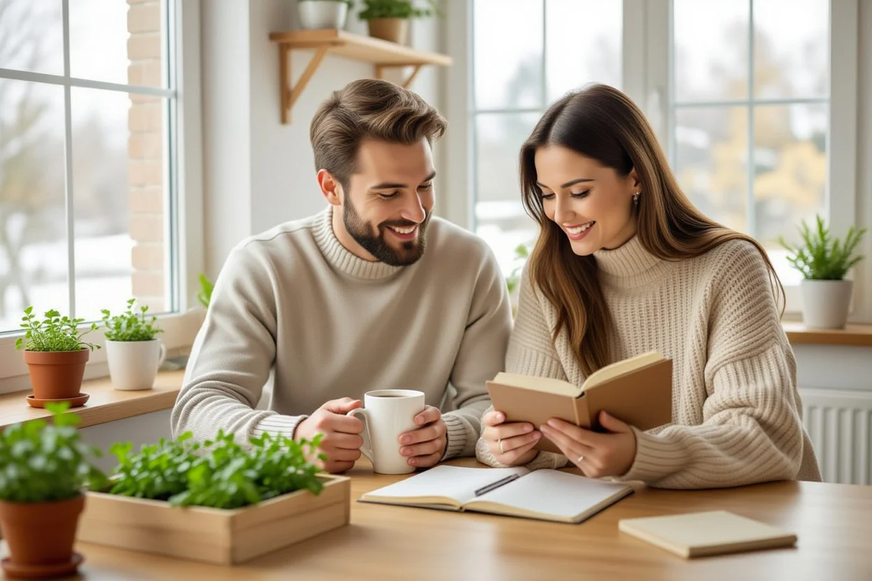 Couple incorporating thoughtful everyday gifts into their morning routine including coffee subscription, comfortable clothing, and shared herb garden