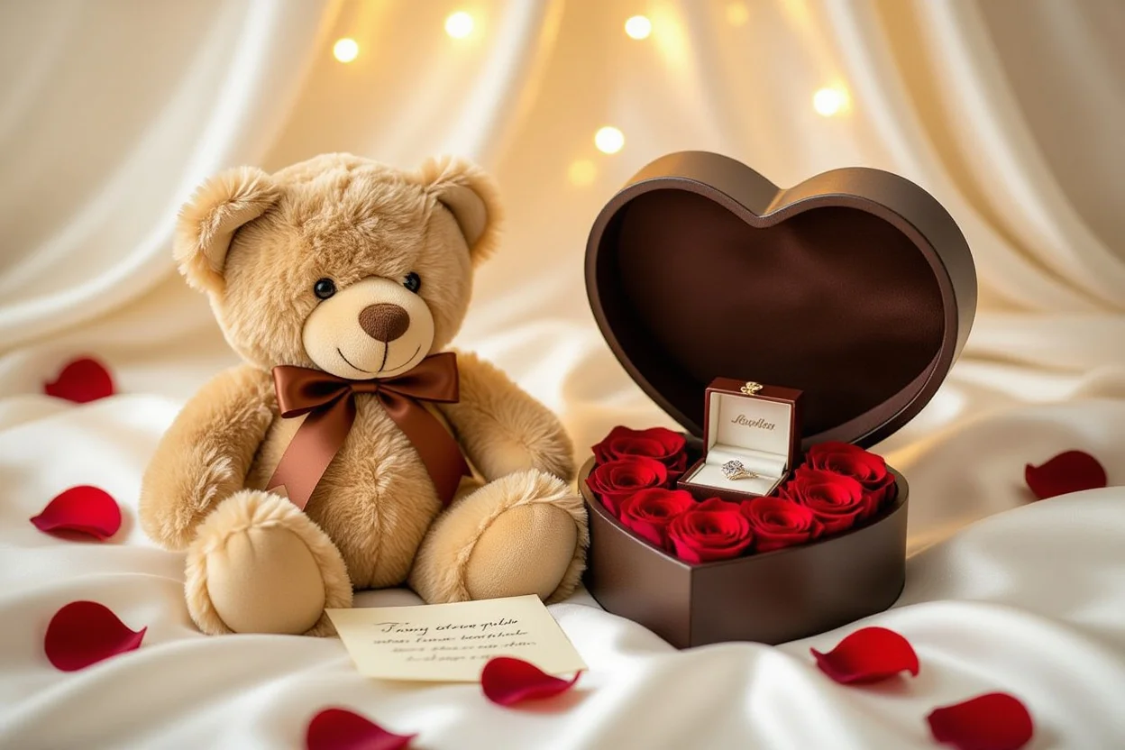 Romantic teddy bear with hidden compartment containing preserved roses and jewelry for Valentine's Day gift