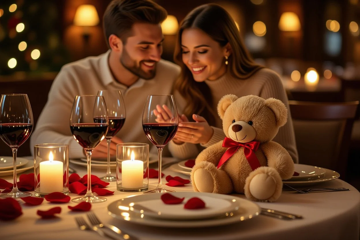 Romantic anniversary dinner with surprise teddy bear gift for couples celebrating special moments
