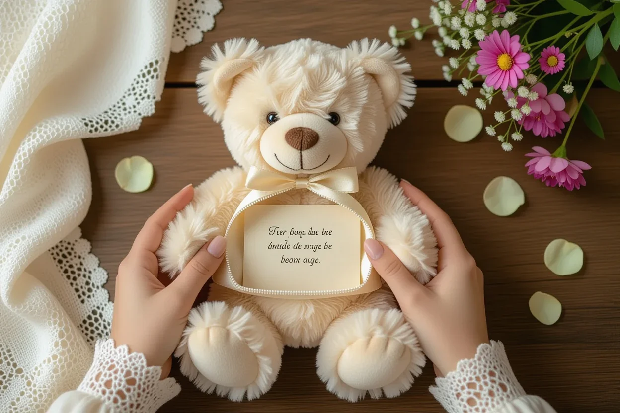 Hands revealing hidden surprise compartment in romantic teddy bear gift with preserved flowers and love note