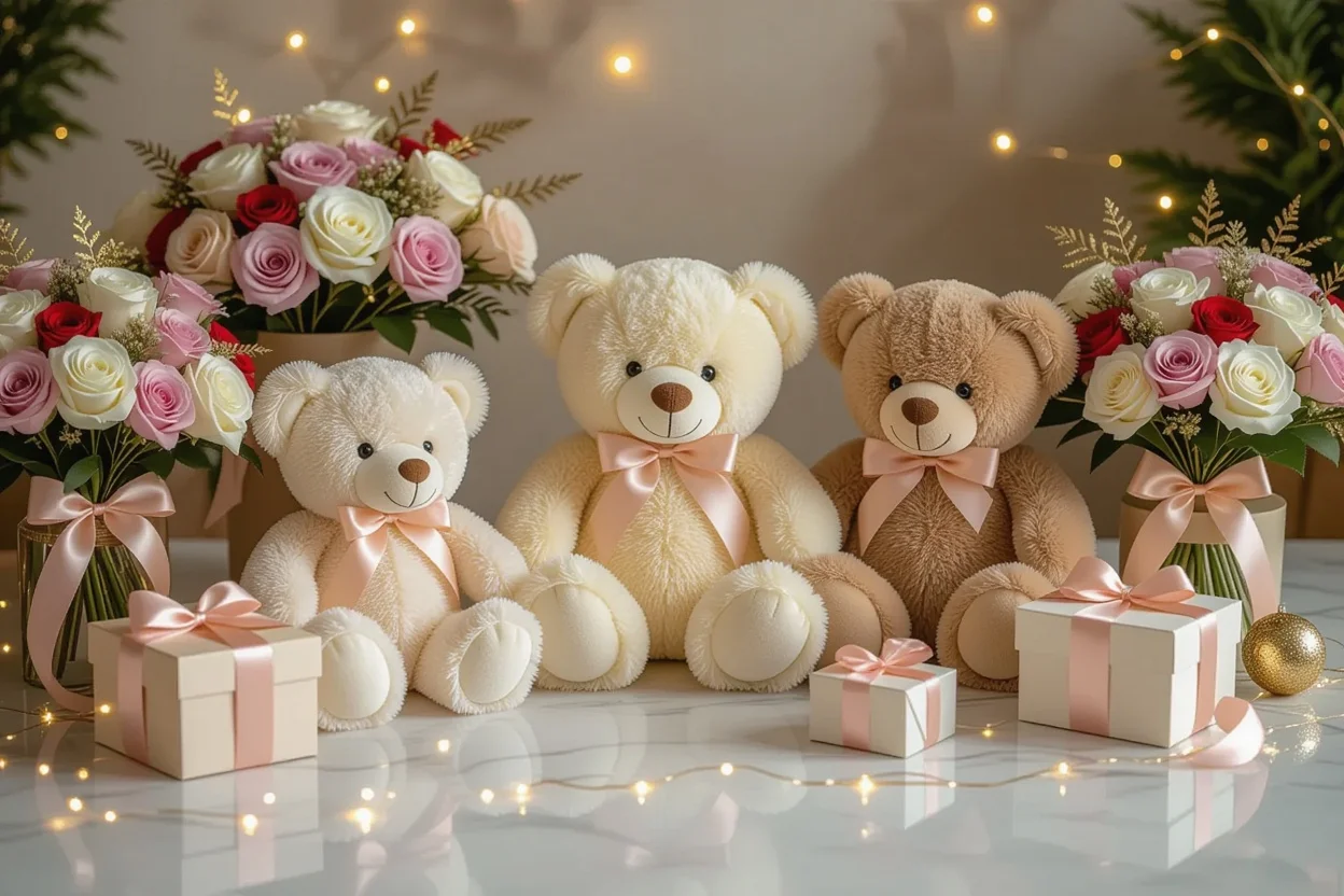 Elegant collection of romantic teddy bear gifts with preserved flowers perfect for Valentine's Day and anniversary presents