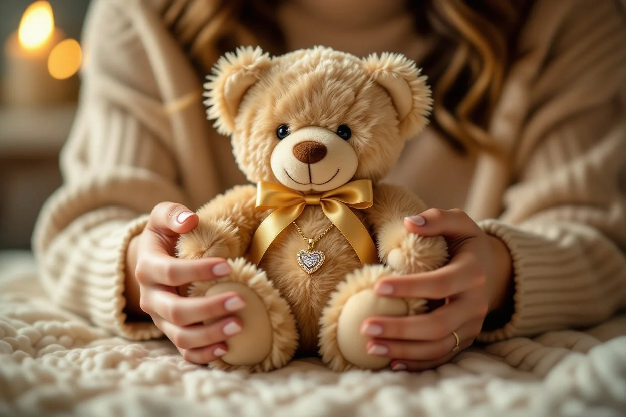Woman discovering hidden necklace surprise inside teddy bear gift
