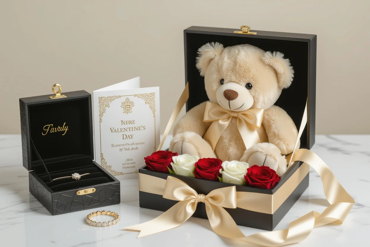 Luxury teddy bear gift box set with romantic accessories and hidden jewelry
