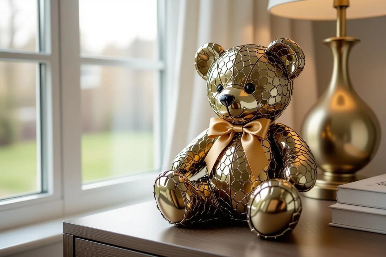 Elegant teddy bear as sophisticated home decor piece in modern bedroom