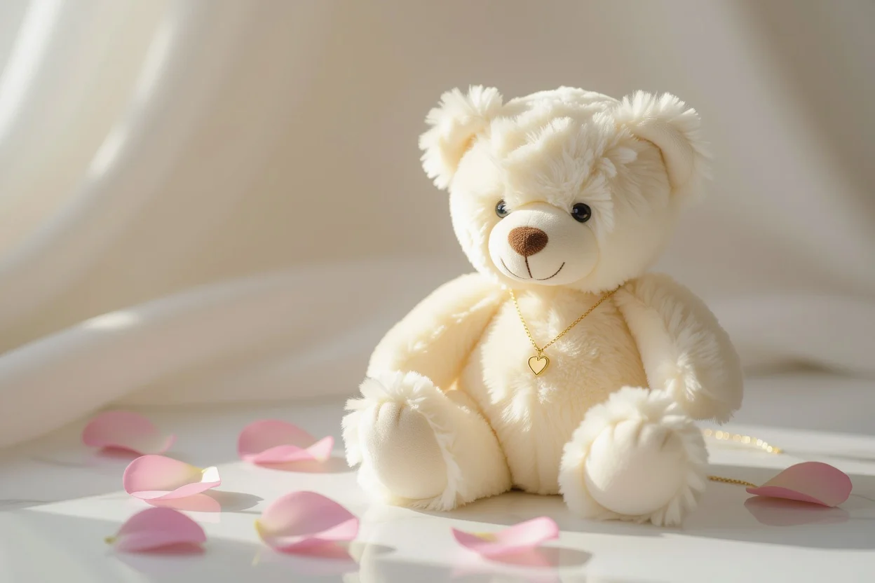 Cream teddy bear with hidden gold heart necklace surprise gift for her