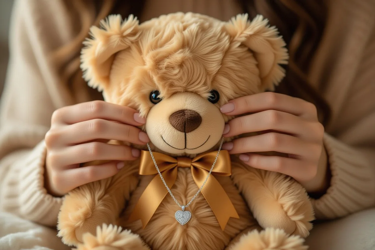 Woman discovering hidden necklace surprise inside teddy bear romantic gift