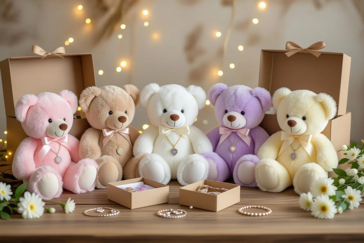 Romantic teddy bear collection with hidden jewelry gifts arranged for Valentine's Day