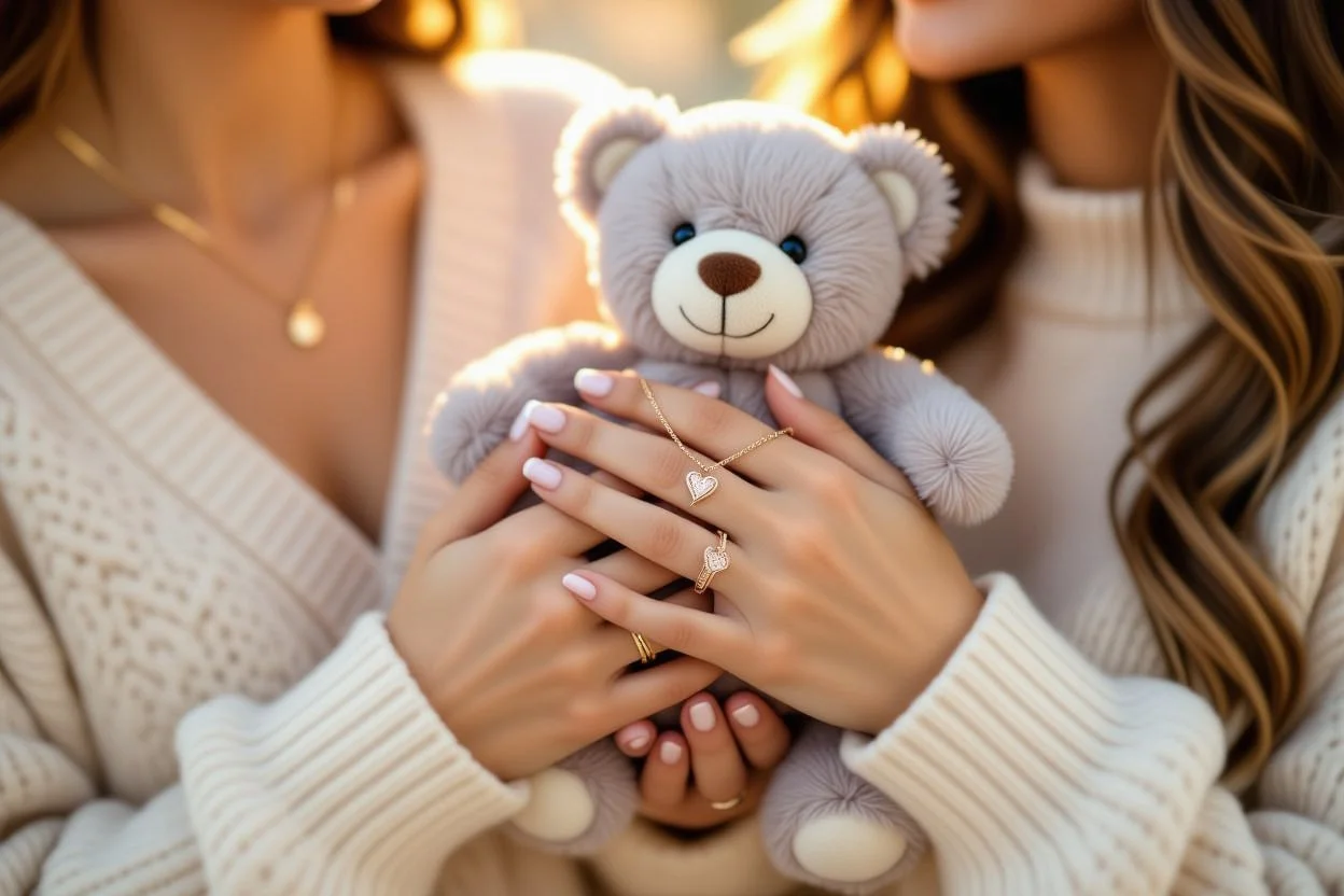 Couple holding hands with woman wearing necklace from teddy bear surprise gift