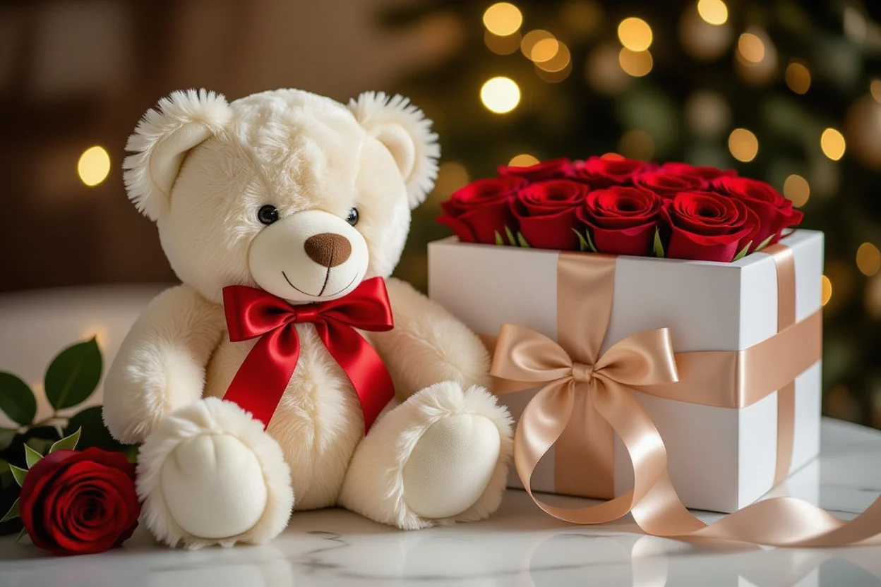 Romantic teddy bear gift with preserved roses - unique romantic gifts for her