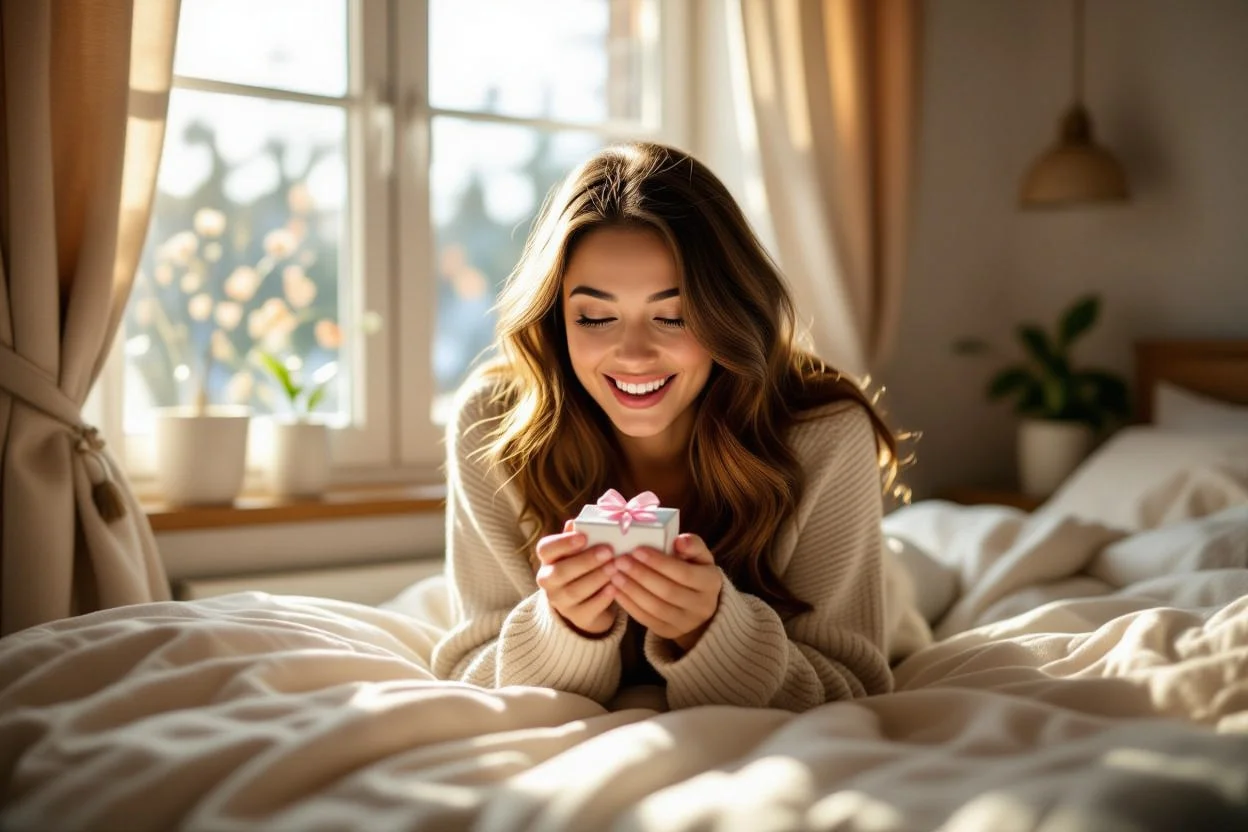 Woman discovering daily romantic surprise gift - everyday romantic gestures