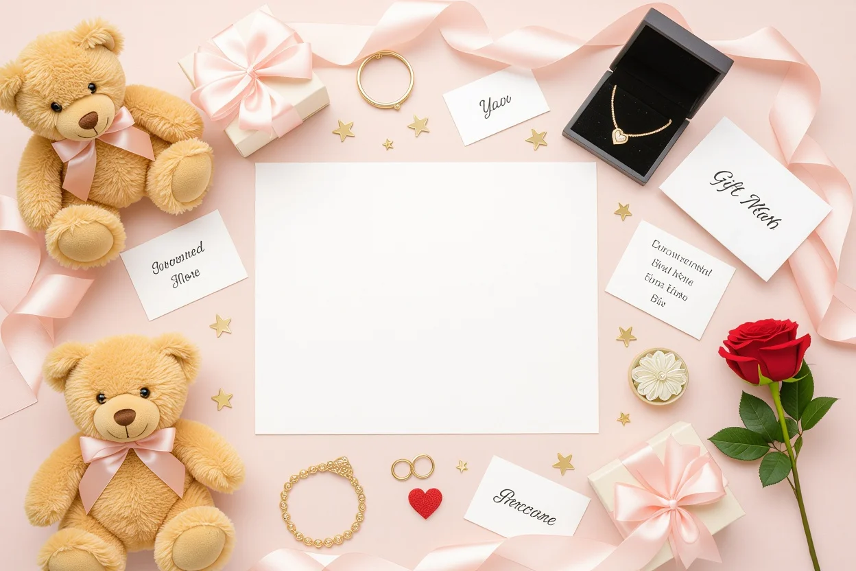 Romantic gift guide flat lay - collection of thoughtful gifts for her