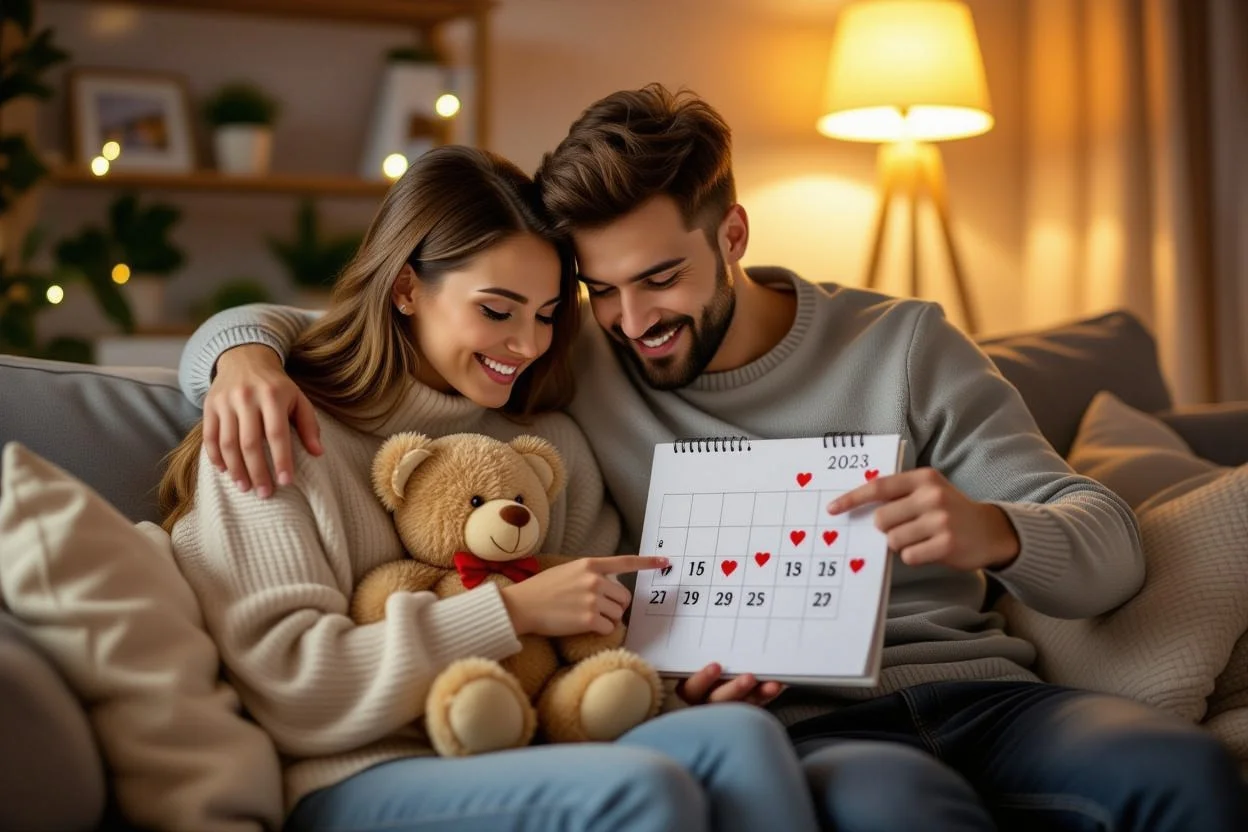 Couple planning daily romantic surprises with teddy bear gift - relationship goals
