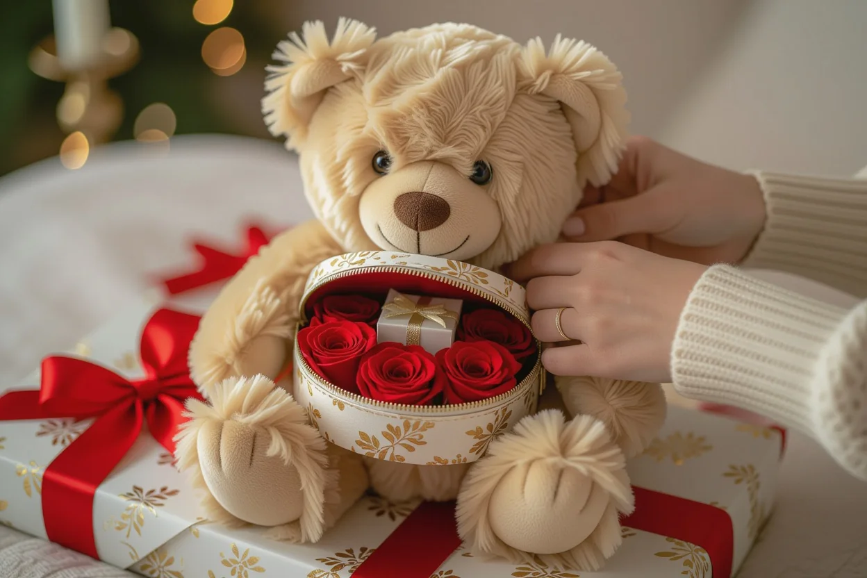 Hidden compartment teddy bear revealing preserved roses surprise Valentine's Day gift
