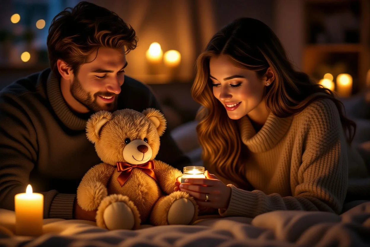 Couple sharing romantic moment with surprise teddy bear gift for anniversary or birthday