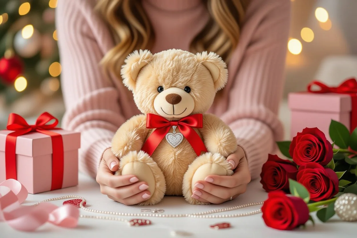 Woman discovering hidden necklace in teddy bear romantic surprise gift