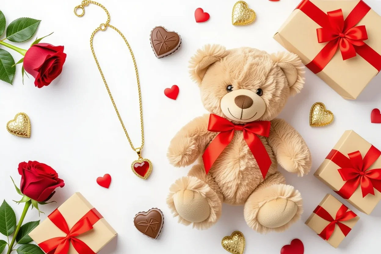 Valentine's Day gift arrangement with teddy bear and jewelry surprise