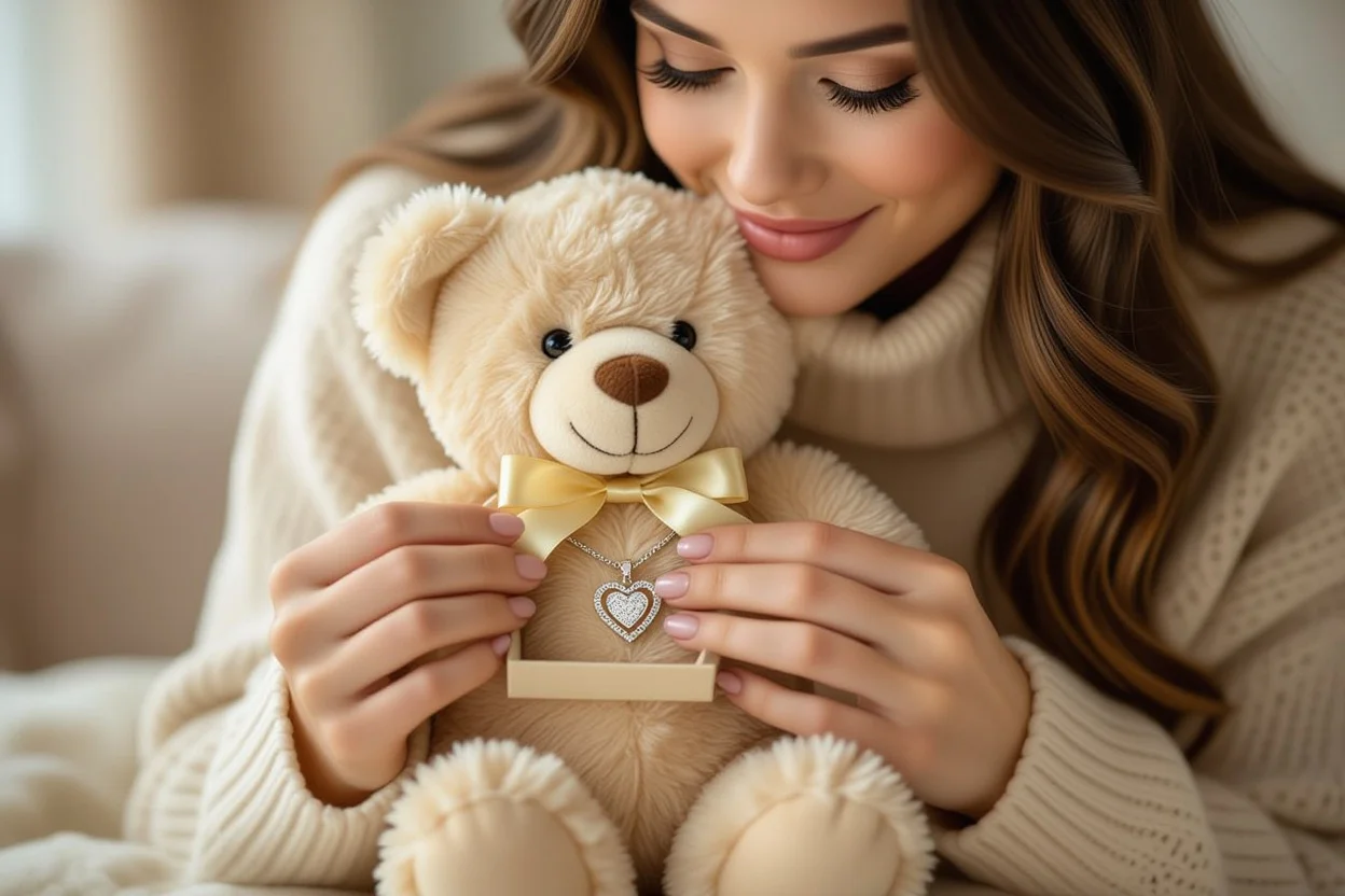 Surprise moment revealing hidden necklace gift inside teddy bear