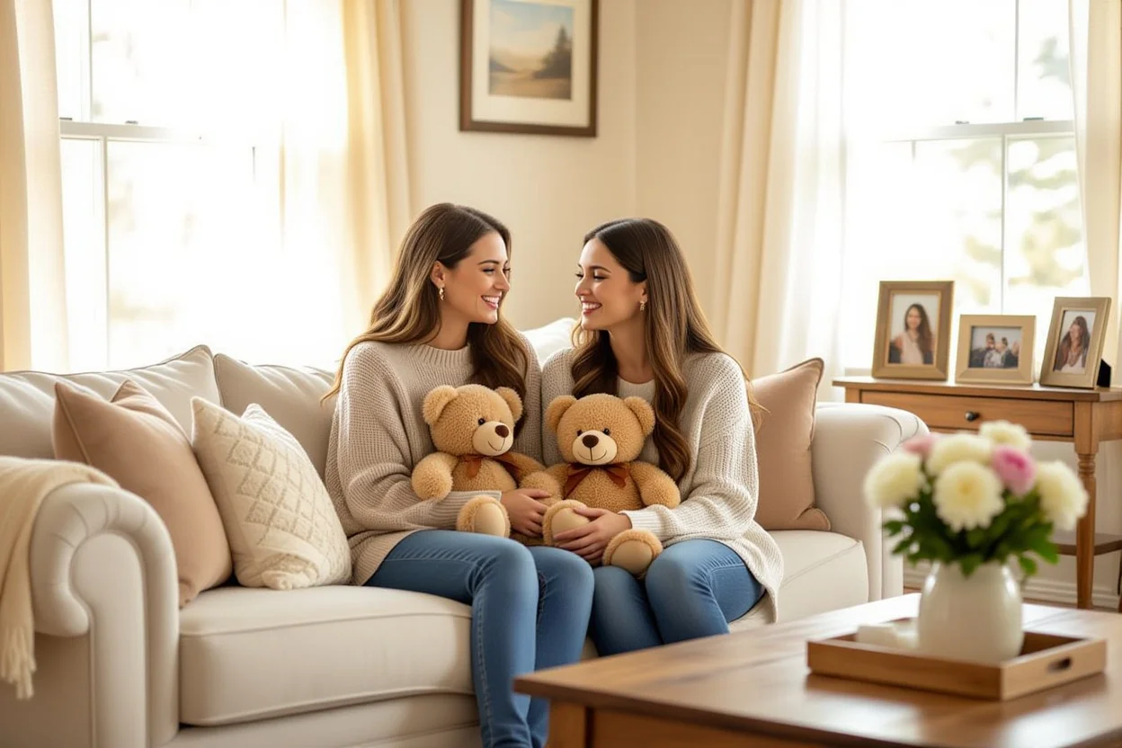 Mother and daughter bonding with matching teddy bear gifts showing family appreciation