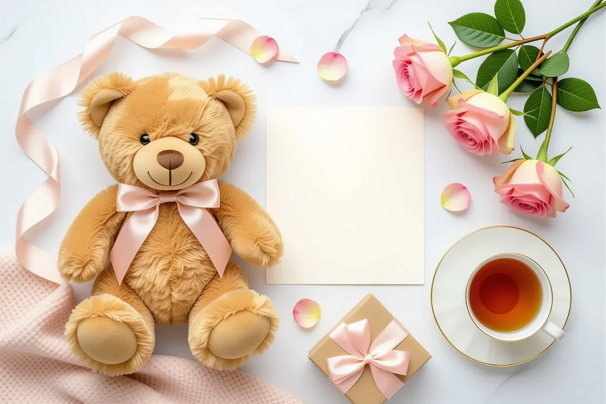 Elegant teddy bear gift arrangement with roses and handwritten note for thoughtful gifting
