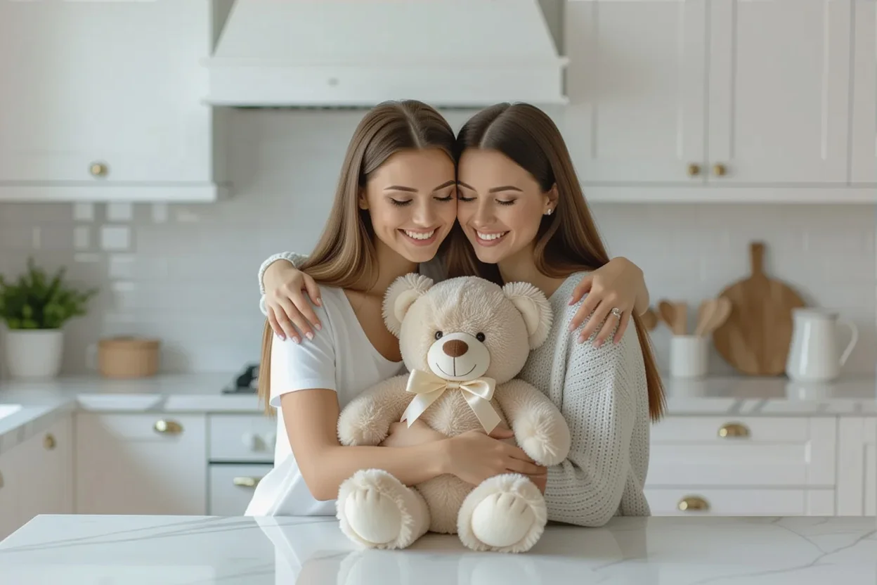 Two sisters sharing a meaningful moment as one gifts a teddy bear to the other