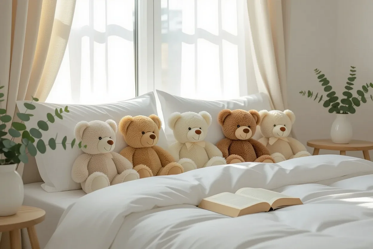 Peaceful bedroom scene with collection of teddy bears representing lasting appreciation and comfort