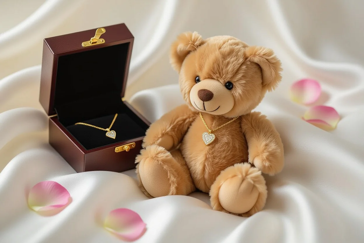 Romantic teddy bear with hidden 18k gold necklace Valentine's gift for her