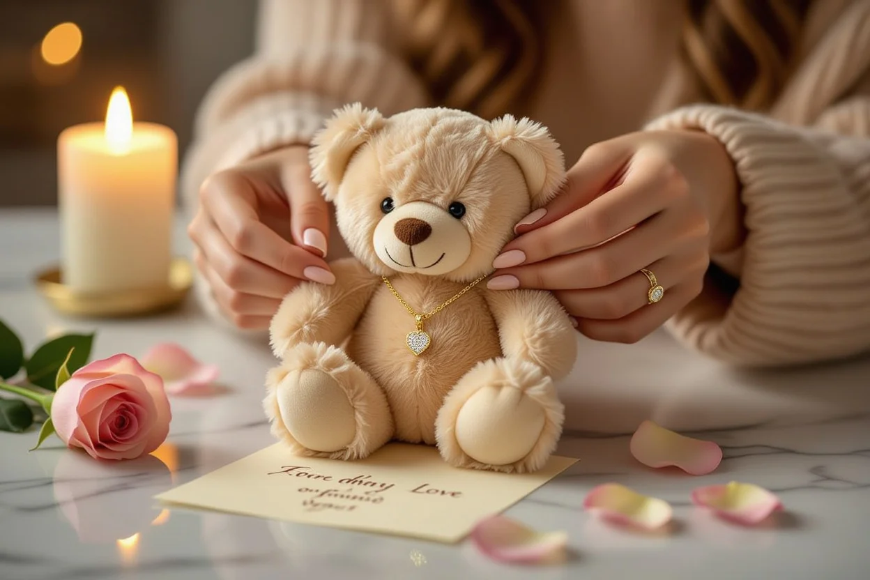 Surprise moment revealing hidden gold necklace inside romantic teddy bear gift