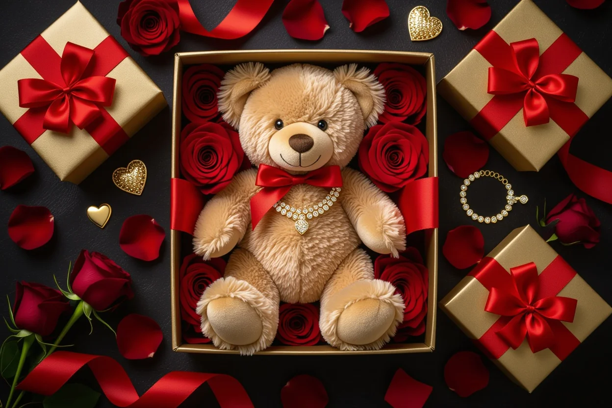 Luxury Valentine's Day gift set with teddy bear and 18k gold necklace flat lay
