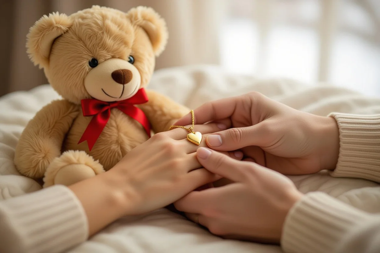 Couple holding hands with woman wearing heart necklace from romantic teddy bear gift
