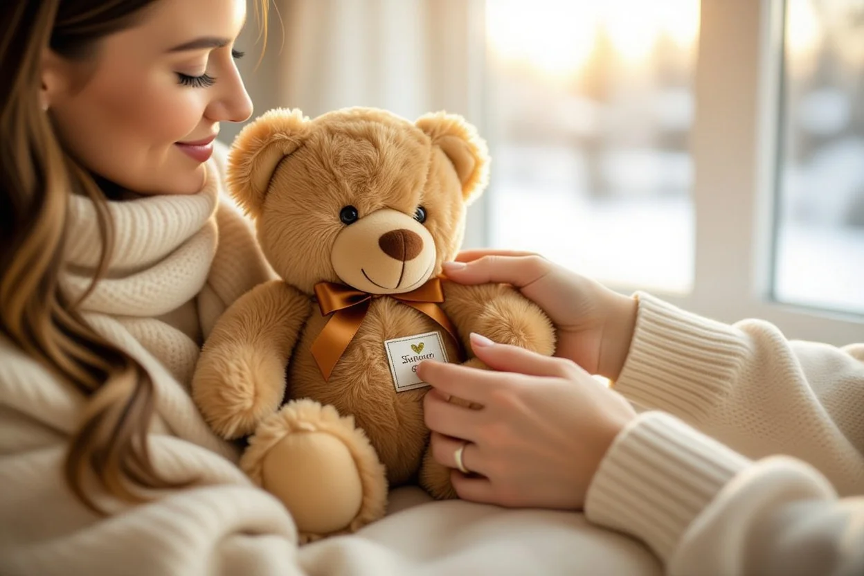 Couple discovering hidden surprise in teddy bear gift romantic moment