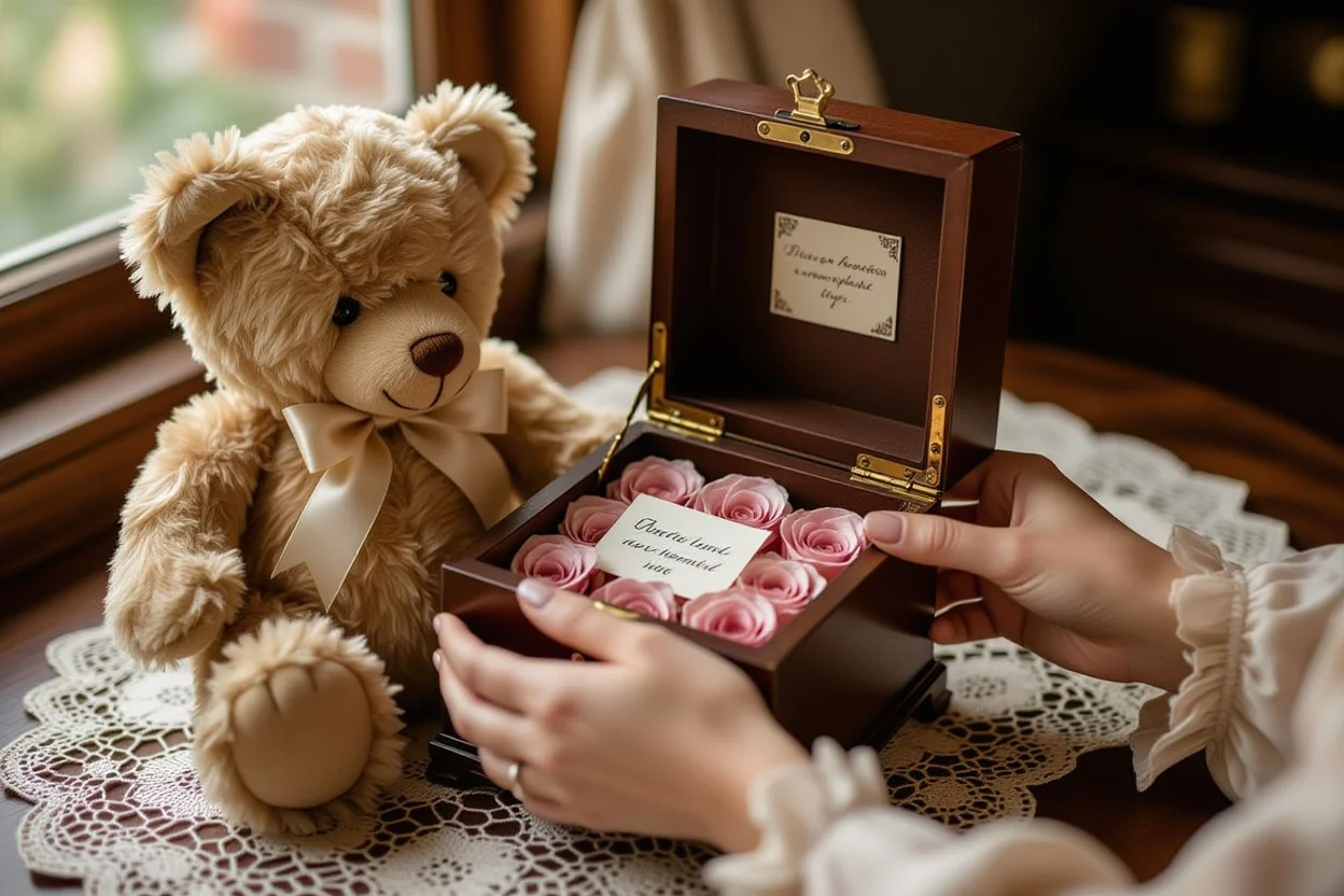 Opening secret compartment in teddy bear revealing preserved roses and love note