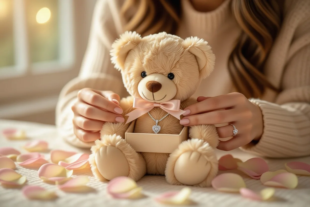 Woman discovering hidden necklace surprise inside teddy bear gift romantic moment