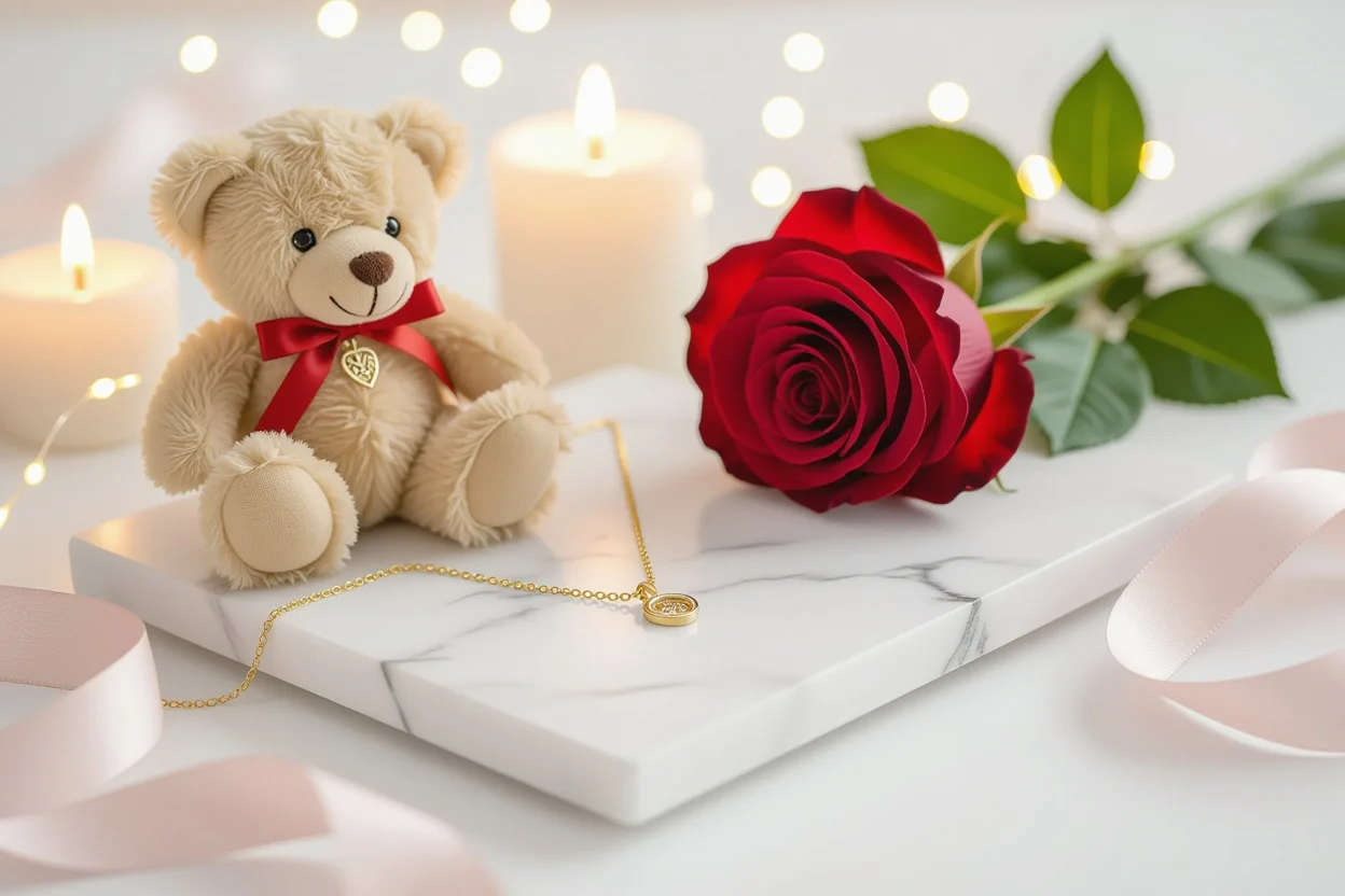 Elegant romantic gift arrangement with teddy bear necklace and preserved rose luxury presentation
