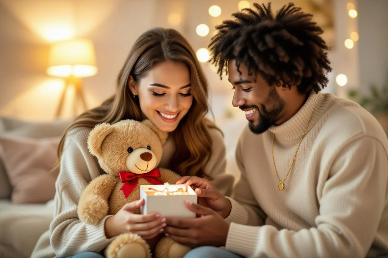 Couple sharing romantic gift moment with surprise teddy bear necklace meaningful relationship gift