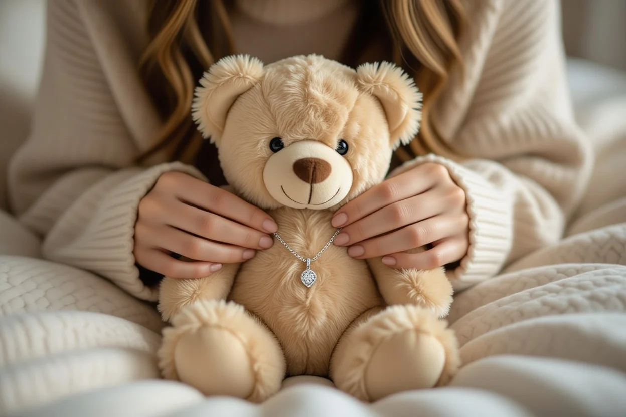 Woman discovering hidden necklace surprise in teddy bear romantic gift
