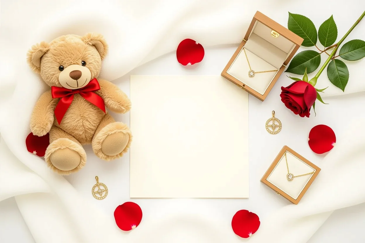 Romantic gifts arrangement with teddy bear and jewelry for Valentine's Day gift guide