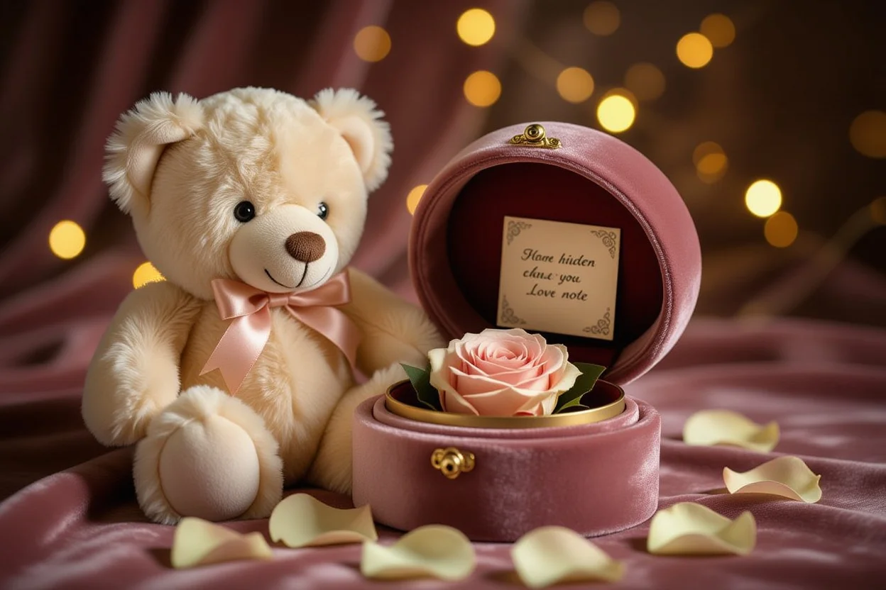 Unique teddy bear gift with hidden compartment containing preserved rose and love note - romantic surprise gift for her