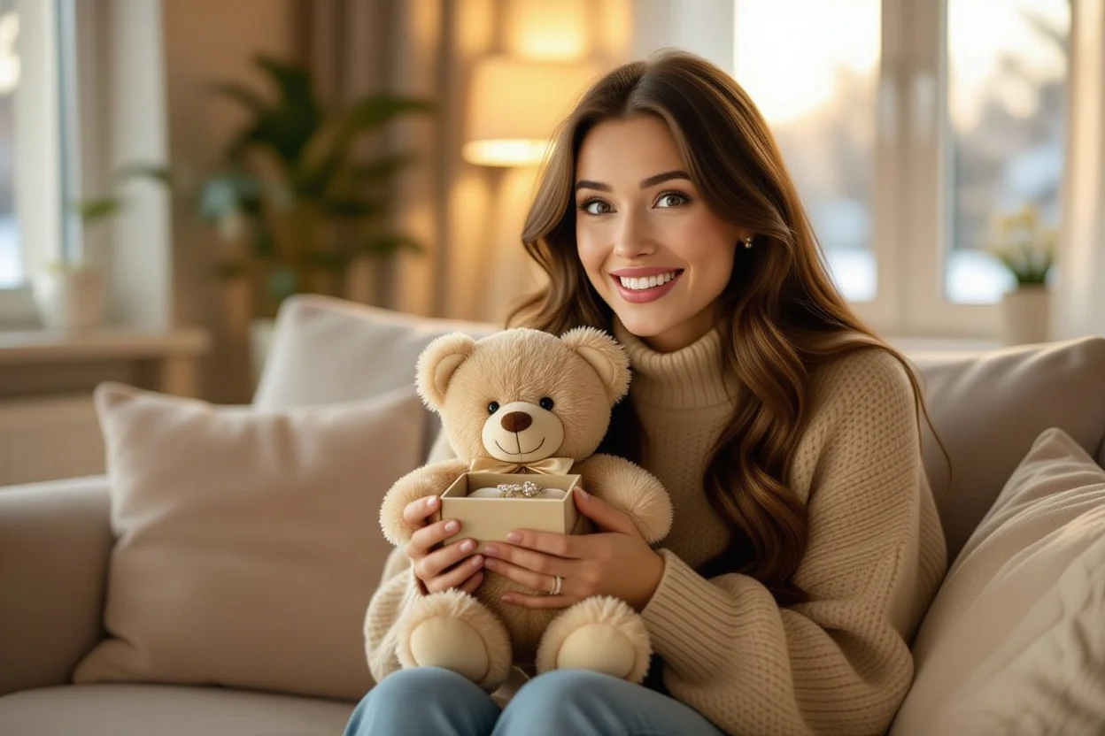 Woman discovering hidden jewelry surprise inside romantic teddy bear gift - perfect anniversary or birthday present