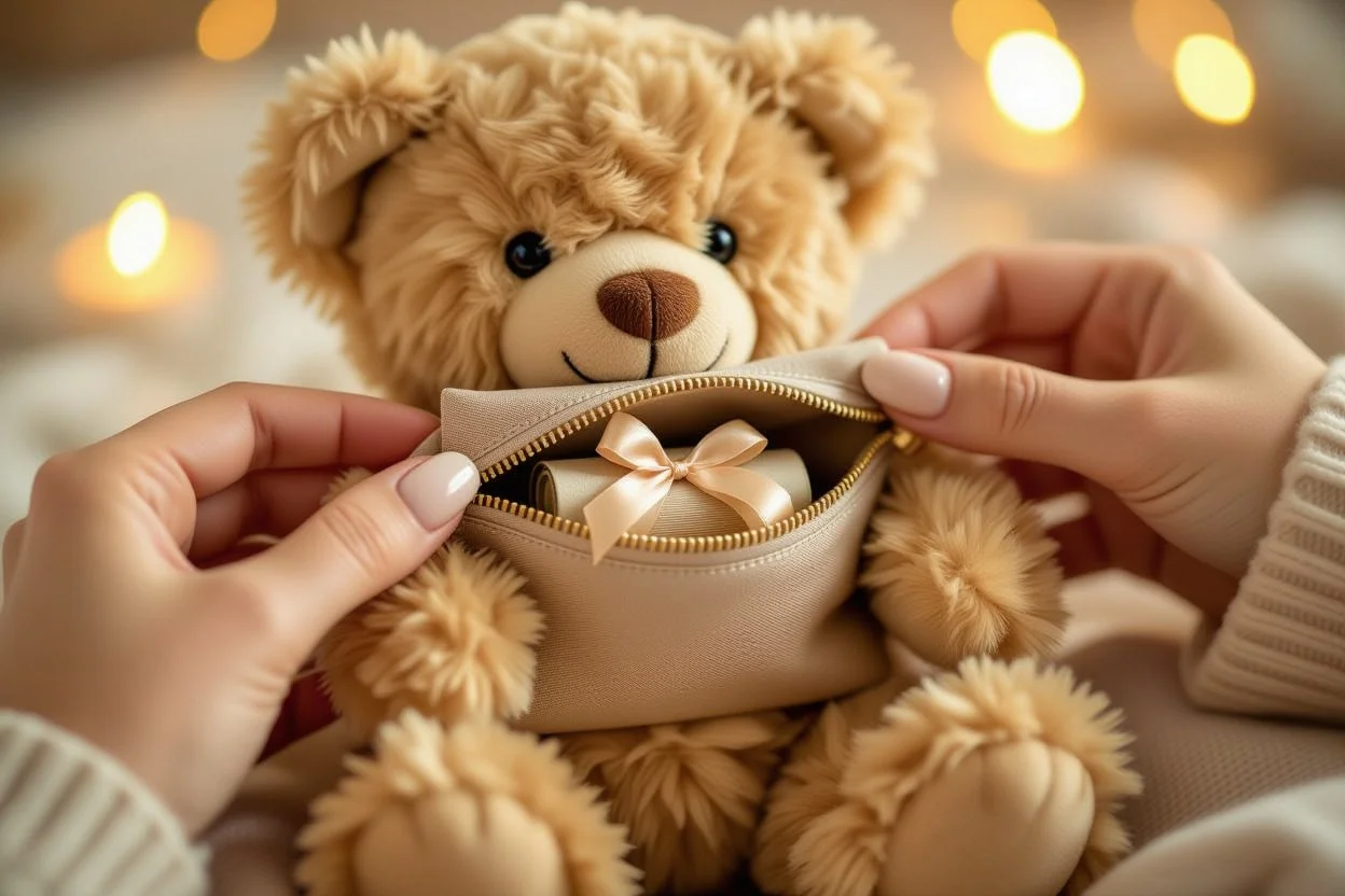 Close-up of hidden surprise compartment in teddy bear paw with secret message - thoughtful romantic gift detail
