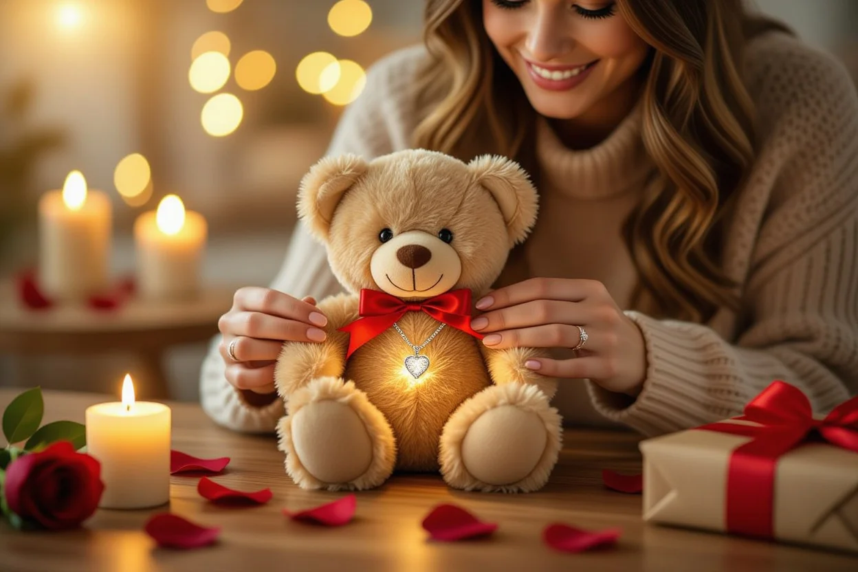 Surprise moment revealing hidden necklace inside romantic teddy bear gift