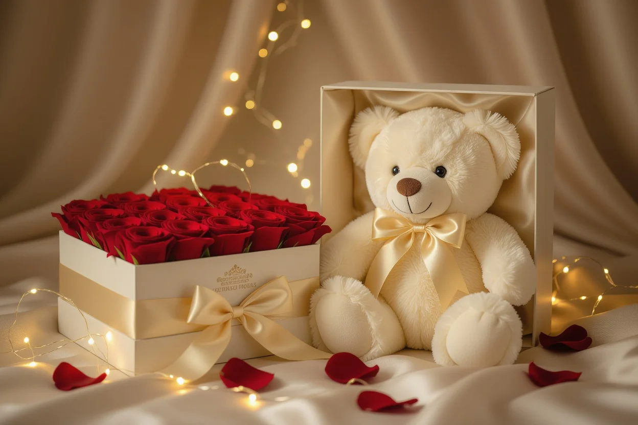 Luxury romantic gift set with teddy bear and preserved roses for anniversary