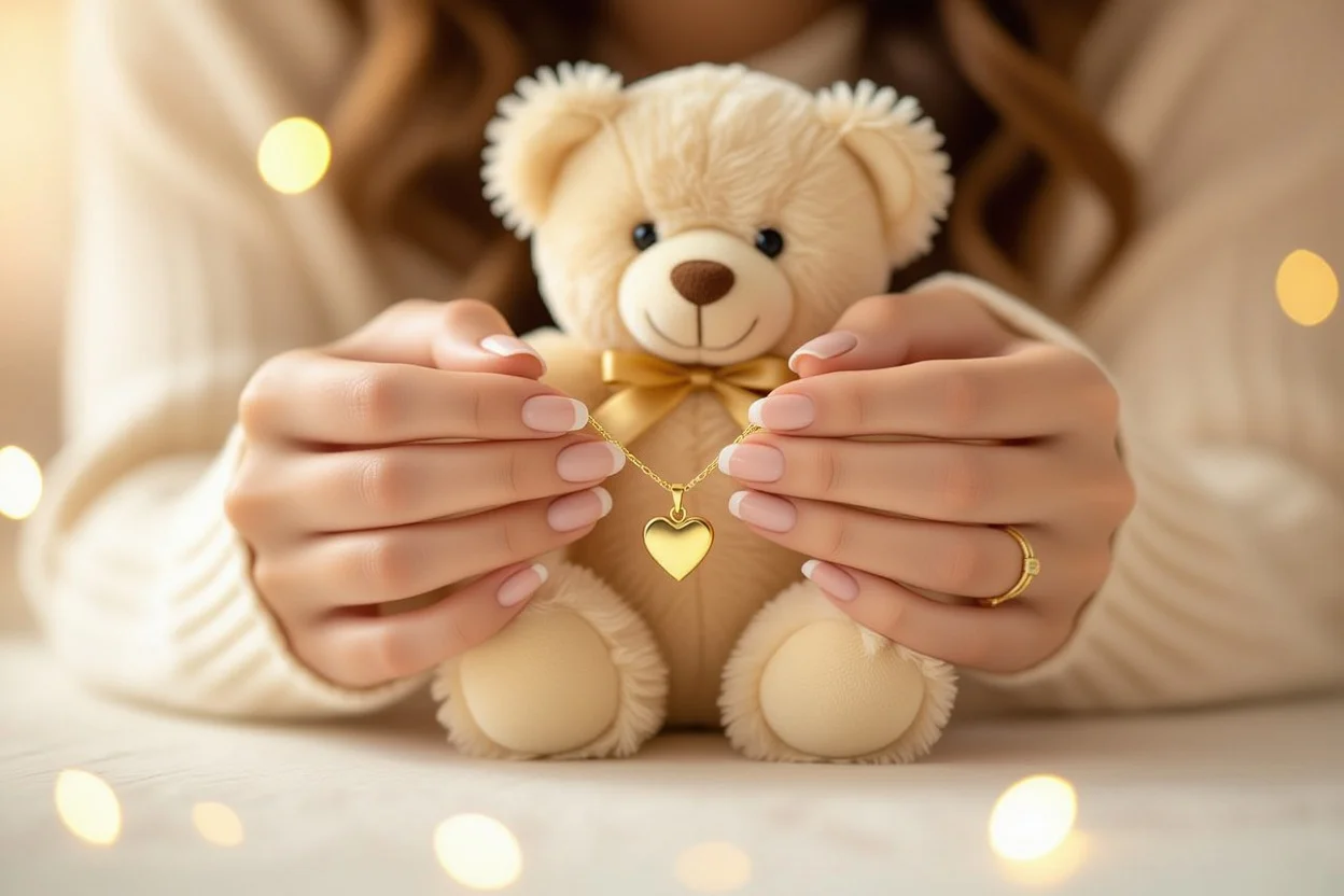 Woman holding romantic heart necklace discovered inside surprise teddy bear gift
