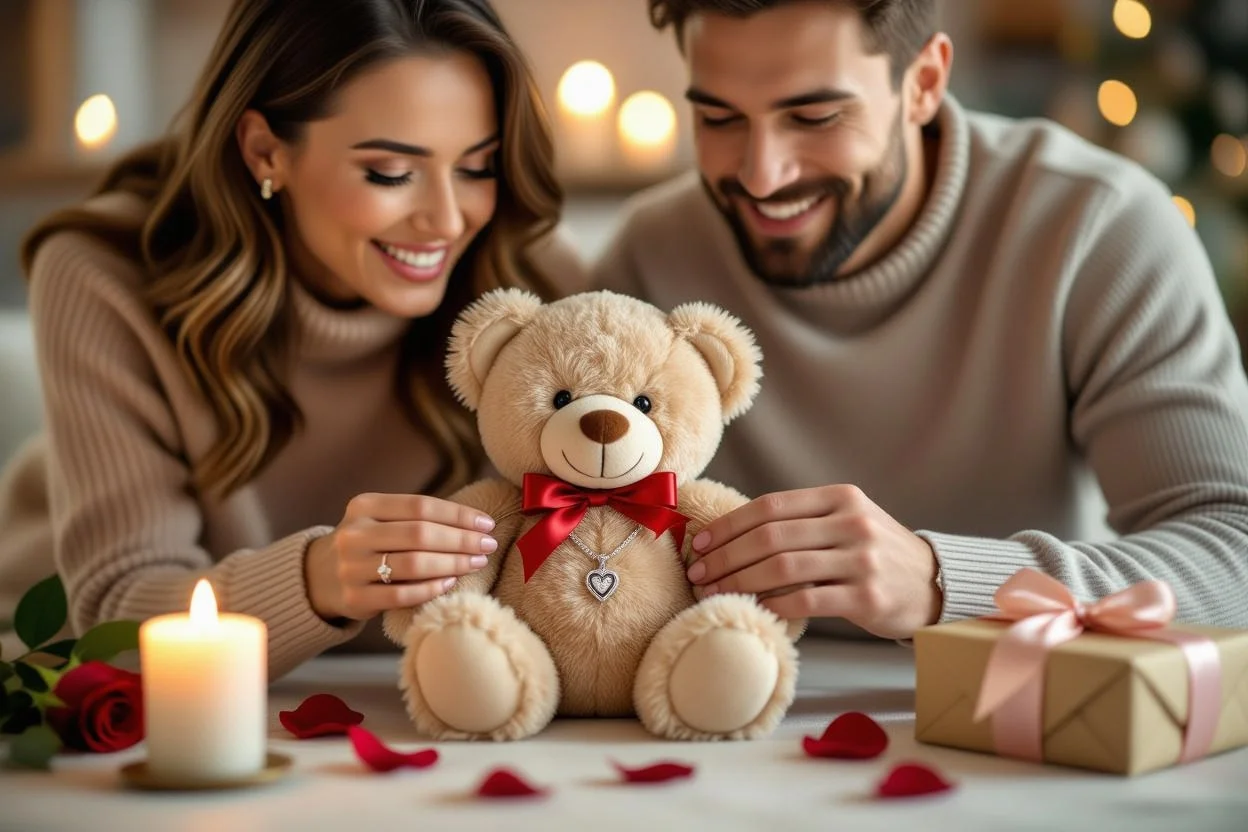 Couple discovering hidden necklace surprise in romantic teddy bear gift moment