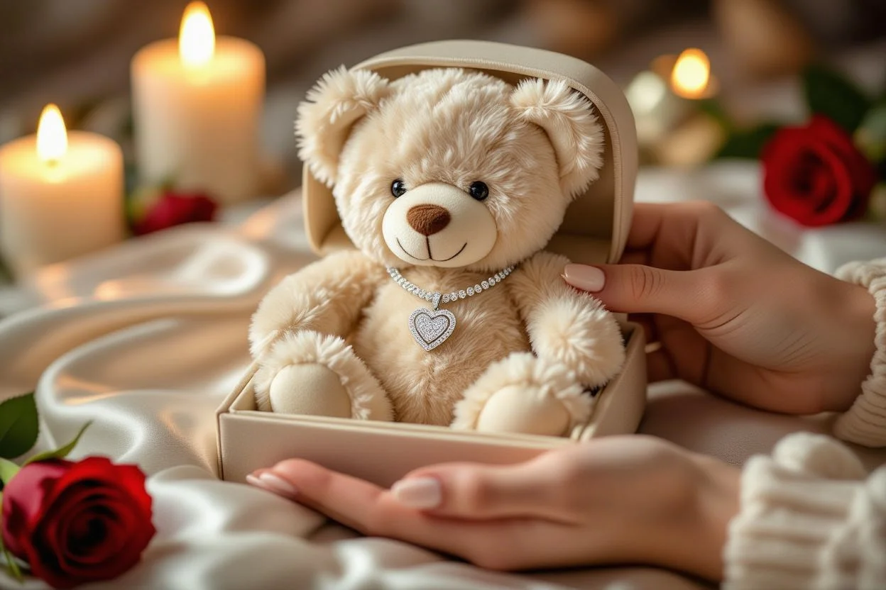 Close-up of hidden diamond necklace surprise revealed inside romantic teddy bear gift