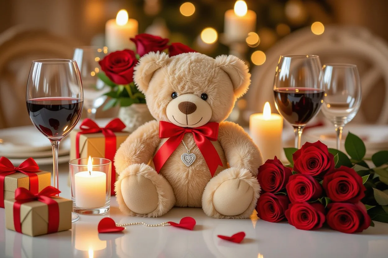 Valentine's Day romantic gift table setting with teddy bear necklace surprise and preserved roses
